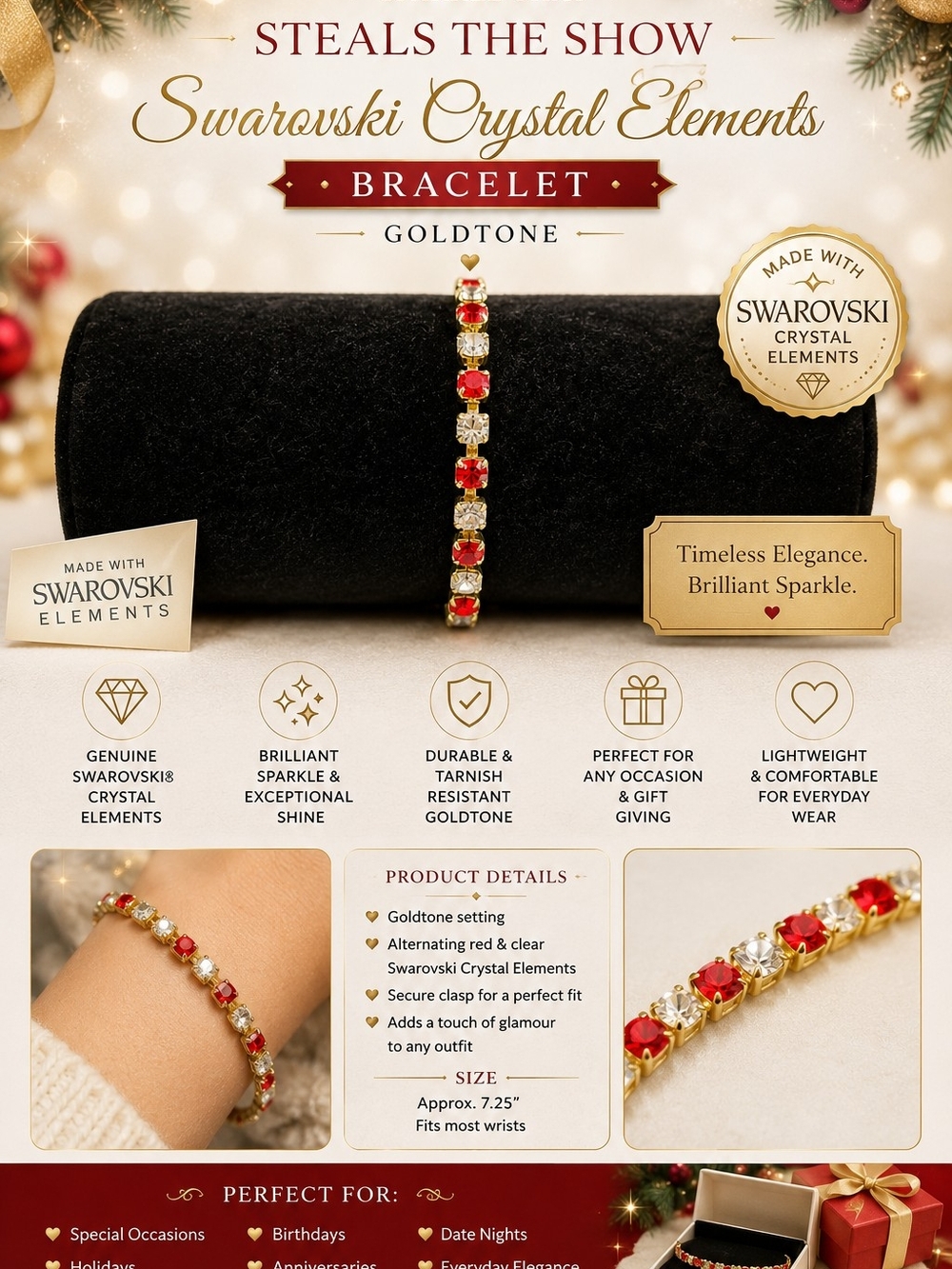 Swarovski Crystal Goldtone Bracelet with Red & Clear Stones